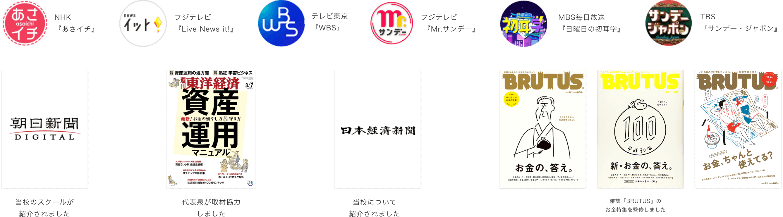 NHK『あさイチ』/フジテレビ『Live News it!』/テレビ東京『WBS』/フジテレビ『Mr.サンデー』/MBS毎日放送 『日曜日の初耳学』/TBS『サンデー・ジャポン』/『朝日新聞DIGITAL』当校のスクールが紹介されました/『週刊東洋経済』代表泉が取材協力しました/『日本経済新聞』当校について紹介されました/雑誌『BRUTUS』のお金特集を監修しました